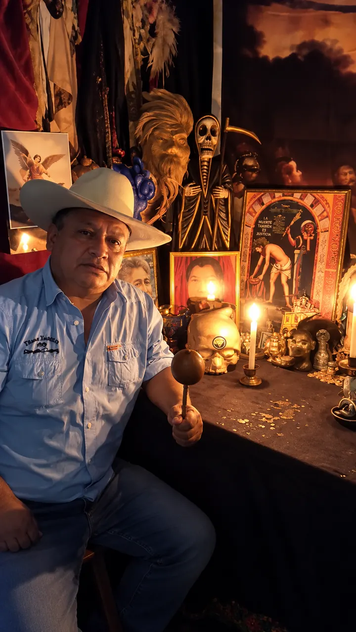 El Indio Inca sentado junto a su altar con una maraca ritual